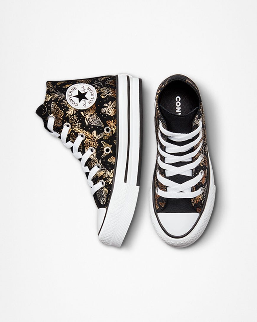 Zapatos Plataforma Converse Chuck Taylor All Star EVA Lift Butterfly Shine Altas Niña Negras Doradas Blancas | PE 8WEL54